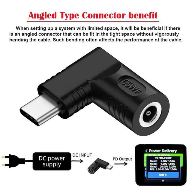 Alt view image 3 of 7 - Adapter DC 20V Jack 5.5x2.5mm Input to USB-C Type-C Output 90 Degree Right Angled Power Plug Charge Adapter 65W