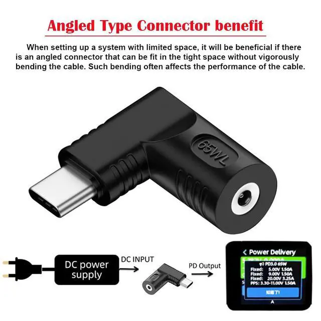 Alt view image 3 of 7 - Adapter DC 20V Jack 4.0x1.3mm Input to USB-C Type-C Output 90 Degree Right Angled Power Plug Charge Adapter 65W
