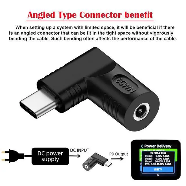 Alt view image 3 of 7 - Adapter DC 20V Jack 3.5x1.3mm Input to USB-C Type-C Output 90 Degree Right Angled Power Plug Charge Adapter 65W