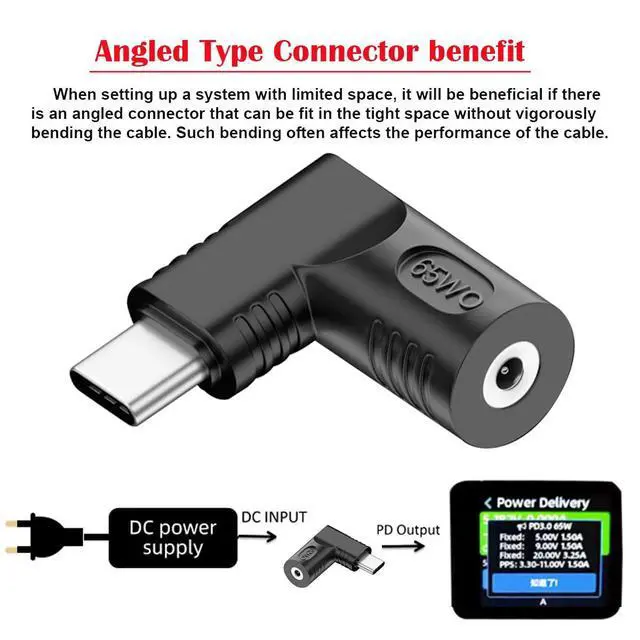 Alt view image 3 of 7 - Adapter DC 20V Jack 2.5x0.7mm Input to USB-C Type-C Output 90 Degree Right Angled Power Plug Charge Adapter 65W