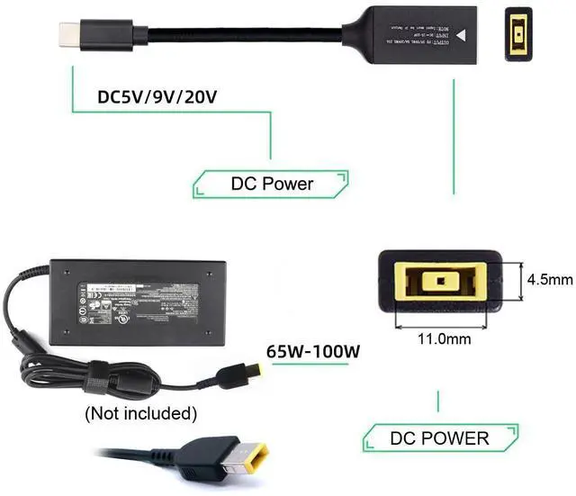 Alt view image 3 of 7 - Cable Rectangle Jack Thinkpad X1 Input to USB-C Type-C Power Plug Charge Cable for Laptop Phone PD9V 5V 20V