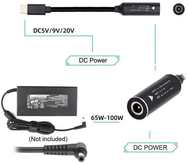 Alt view image 3 of 7 - Cable DC 20V Jack 5.5x2.5mm Input to USB-C Type-C Output 90 Degree Right Angled Power Plug Charge Cable 65W PD9V 5V 20V (20cm)