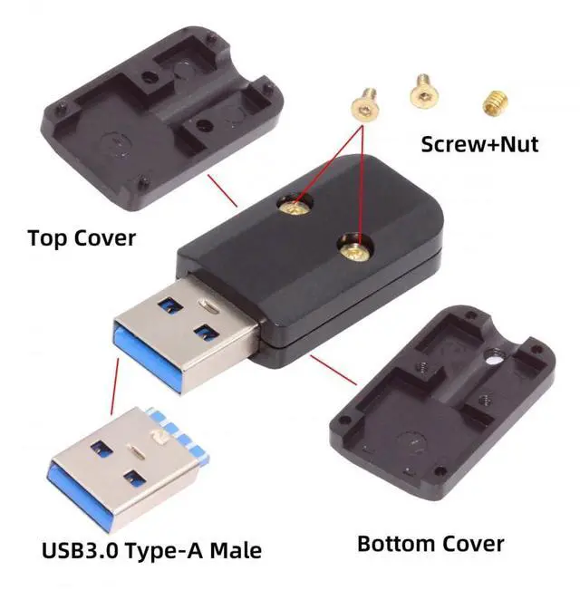Alt view image 6 of 7 - Connector USB 3.0 Type-A Male Plug Connector Solder Type with Aluminum Alloy Shell Black Customization for 6.0mm Cable