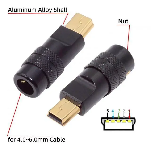 Alt view image 3 of 7 - Connector Mini USB2.0 5Pin Male Plug Connector Solder Type with Aluminum Alloy Shell Black Customization for 4.0mm~6.0mm Cable
