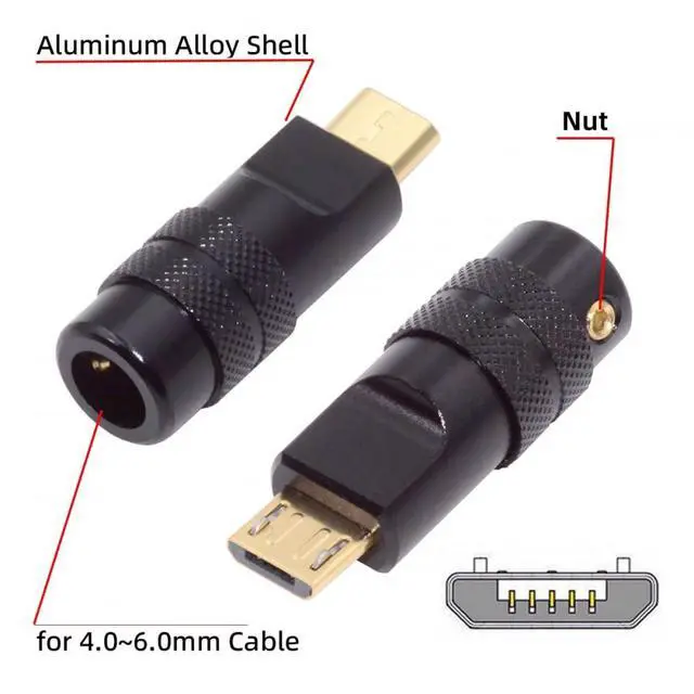 Alt view image 3 of 7 - Connector Micro USB2.0 5Pin Male Plug Connector Solder Type with Aluminum Alloy Shell Black Customization for 4.0mm~6.0mm Cable