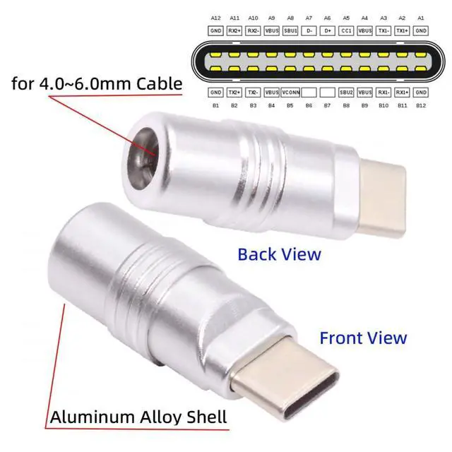 Alt view image 6 of 7 - Connector USB 3.1 Type-C Male Plug Connector Solder Type with Aluminum Alloy Shell Silver Customization for 4.0mm~6.0mm Cable