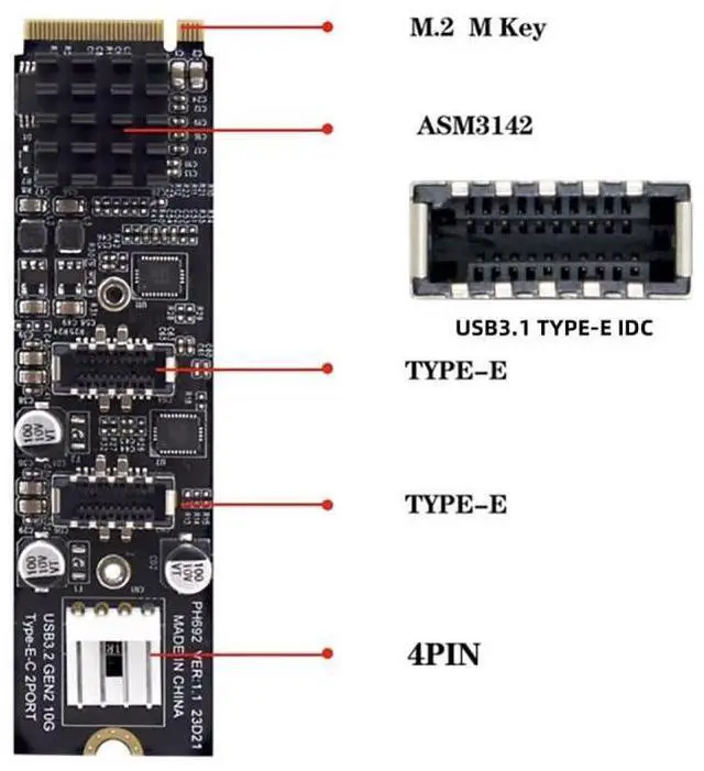 Alt view image 2 of 7 - Card 10Gbps Dual Type-E USB 3.1 Front Panel Socket to NVME NGFF M-Key Express Card Adapter for Motherboard