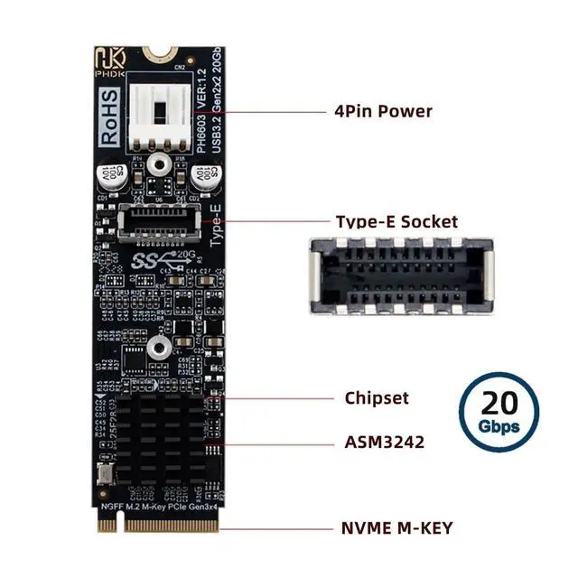 Alt view image 3 of 7 - 20Gbps Type-E USB 3.1 Front Panel Socket to NVME NGFF M-Key Express Card Adapter ASM3242 Chipset for Motherboard