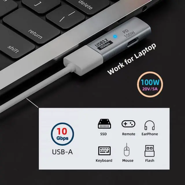 Alt view image 4 of 7 - Adapter 10Gbps USB-C Type-C to USB 3.0 Female OTG & 100W PD Power for Laptop Tablet Phone