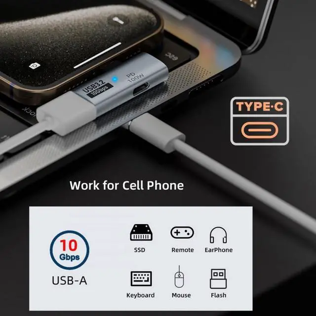 Alt view image 6 of 7 - Adapter 10Gbps USB-C Type-C to USB 3.0 Female OTG & 100W PD Power for Laptop Tablet Phone