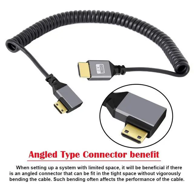 Alt view image 3 of 7 - Mini HDMI 2.0 Male to HDMI Male 4K 60hz Stretch Coiled Cable Right Angled 90 Degree for HDTV Computer Laptop Monitor