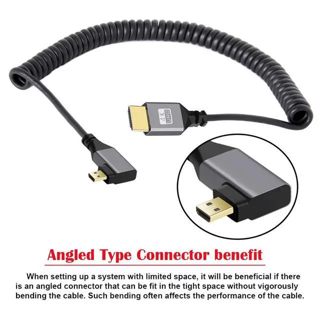 Alt view image 2 of 7 - Micro HDMI 2.0 Male to HDMI Male 4K 60hz Stretch Coiled Cable Right Angled 90 Degree for HDTV Computer Laptop Monitor