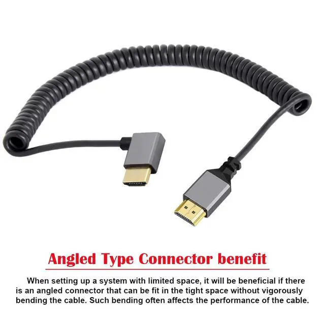 Alt view image 2 of 7 - HDMI 2.0 Male to HDMI Male 4K 60hz Stretch Coiled Cable Right Angled 90 Degree for HDTV Computer Laptop Monitor