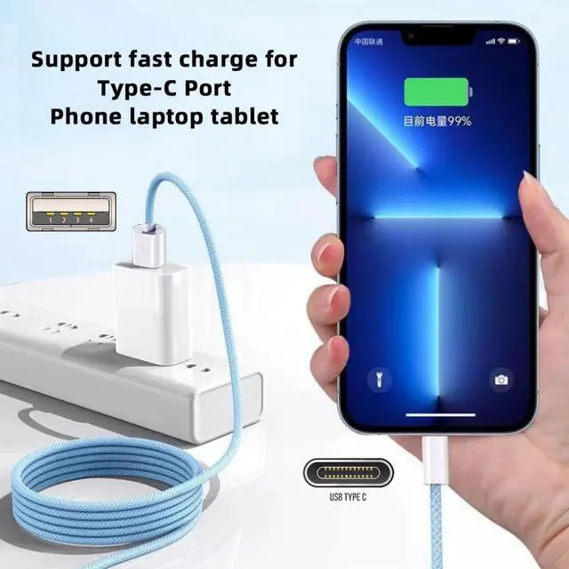 Alt view image 2 of 7 - Cable USB-C Type C Male to Type-A Male 15W 5V3A Power 480Mbps Data Cable Blue Sleeve for Phone & Tablet (100cm)