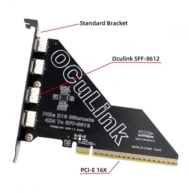 Alt view image 3 of 7 - Adapter PCI-Express 4.0 PCIE 16x Detachable to Four Oculink SFF-8612 SFF-8611 External VROC Raid0 Adapter for U.2 SSD eGPU External Graphics Card Dock