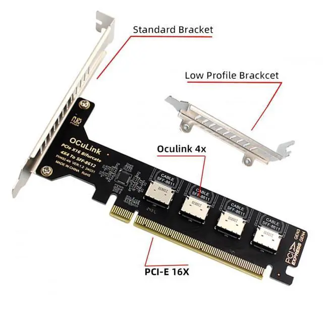 Alt view image 5 of 7 - Adapter PCI-Express 4.0 PCIE 16x Detachable to Four Oculink SFF-8612 SFF-8611 Internal VROC Raid0 Adapter for U.2 SSD eGPU External Graphics Card Dock