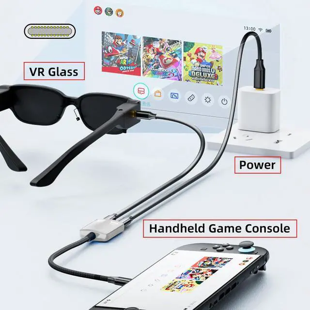 Alt view image 3 of 7 - USB-C Type-C 1-to-2 VR AR Glass OTG 8K Video USB-C Female 100W PD Power Cable for NS Handheld Console Laptop Tablet Phone (White)