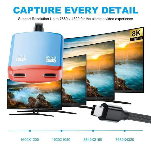 Alt view image 6 of 7 - USB-C Type-C 1-to-2 VR AR Glass OTG 8K Video USB-C Female 100W PD Power Cable for NS Handheld Console Laptop Tablet Phone