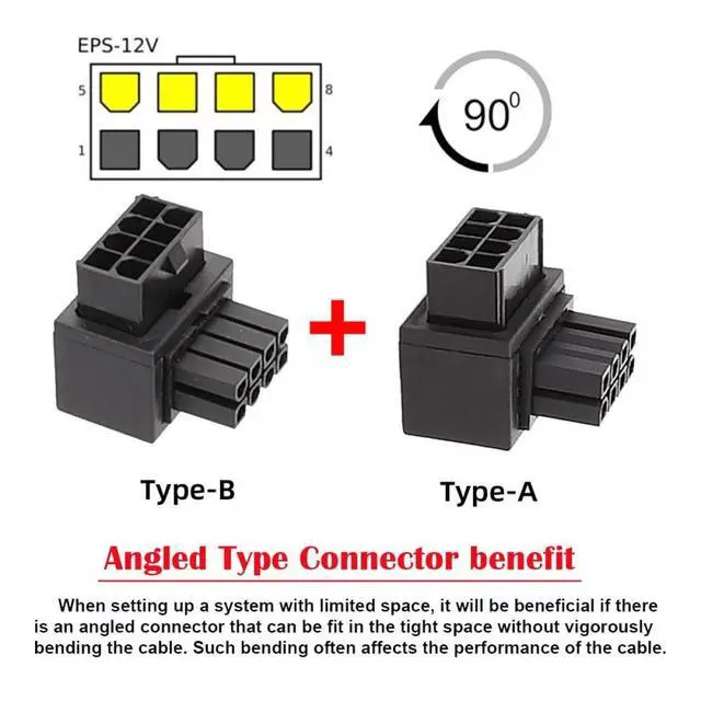 Alt view image 3 of 7 - Adapter 2pcs/lot ATX 8P EPS Male to Female 90 Degree Up Down Angled Power Header for CPU 12V