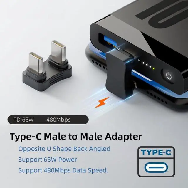 Alt view image 2 of 7 - 480Mbps USB-C Type C Male to Male Coupler Extender Power Data Adapter Opposite U Shape Back Angled for Power Bank Phone Laptop