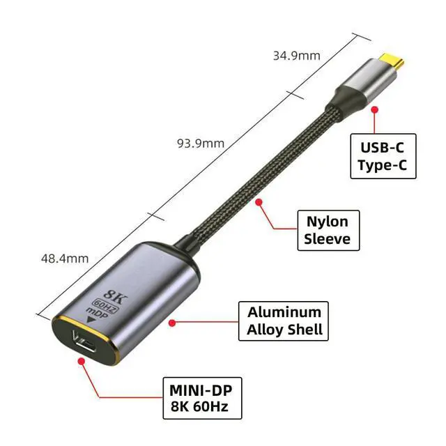 Alt view image 4 of 7 - USB4.0 USB-C Type-C Host to Mini Displayport Female Monitor Mini-DP Displays Short Cable Adapter 8K 60hz 4K for Laptop Phone