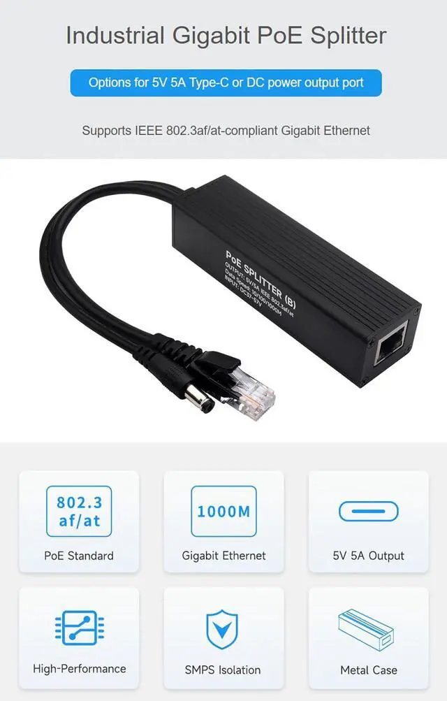 Alt view image 2 of 7 - Industrial Gigabit PoE Splitter for Raspberry Pi 5 4B 3B+ or 5V-Powered Network Camera Devices, Onboard MPS Control Chip, 802.3af/at-Compliant 37V ~ 57V Input, 5V 5A Output, DC Power Output Port