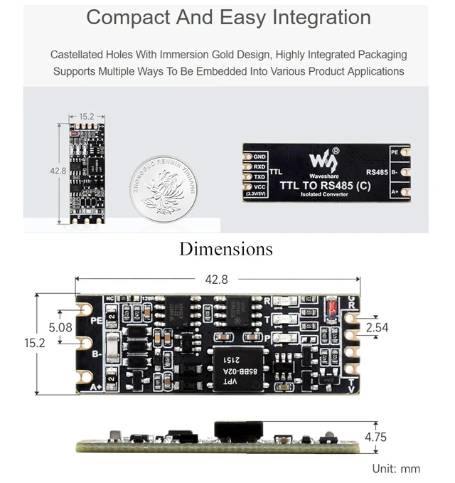 Alt view image 6 of 7 - Galvanic Isolated TTL to RS485 Converter, TTL/RS485 Standard, Converting TTL Signal Into Differential RS485 Signal, Supports Half-Duplex Communication, Multi-Isolation Protection