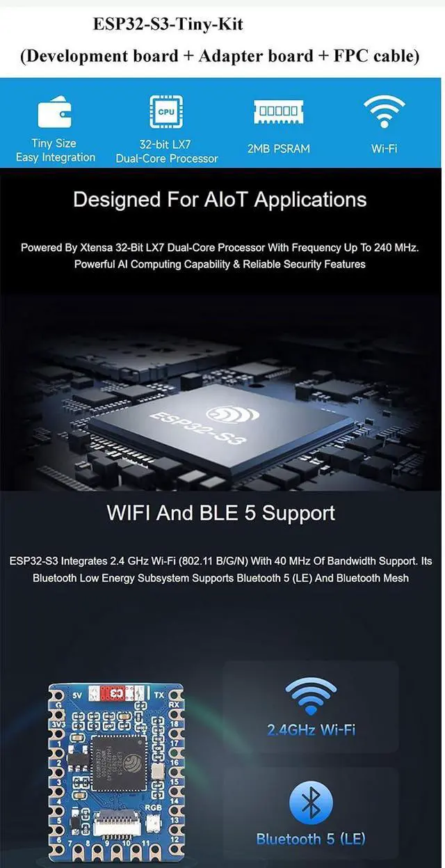 Alt view image 3 of 7 - ESP32-S3 Mini Development Board, Based on ESP32-S3FH4R2 Dual-Core Processor, 240MHz Running Frequency Onboard 2MB PSRAM& 4MB Flash Memory, 2.4GHz W-i-F-i&Blue-Too-th LE (with USB Port Adapter)