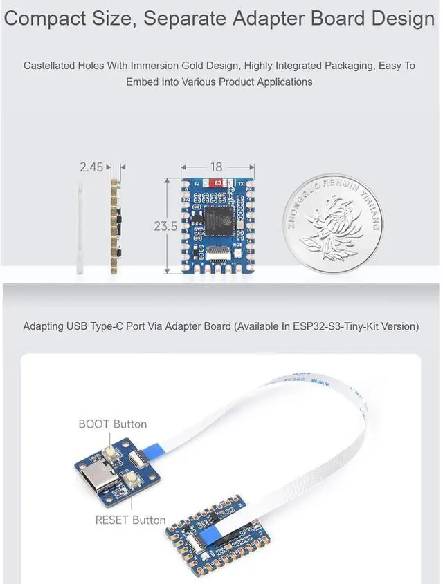 Alt view image 4 of 7 - ESP32-S3 Mini Development Board, Based on ESP32-S3FH4R2 Dual-Core Processor, 240MHz Running Frequency Onboard 2MB PSRAM& 4MB Flash Memory, 2.4GHz W-i-F-i&Blue-Too-th LE (with USB Port Adapter)