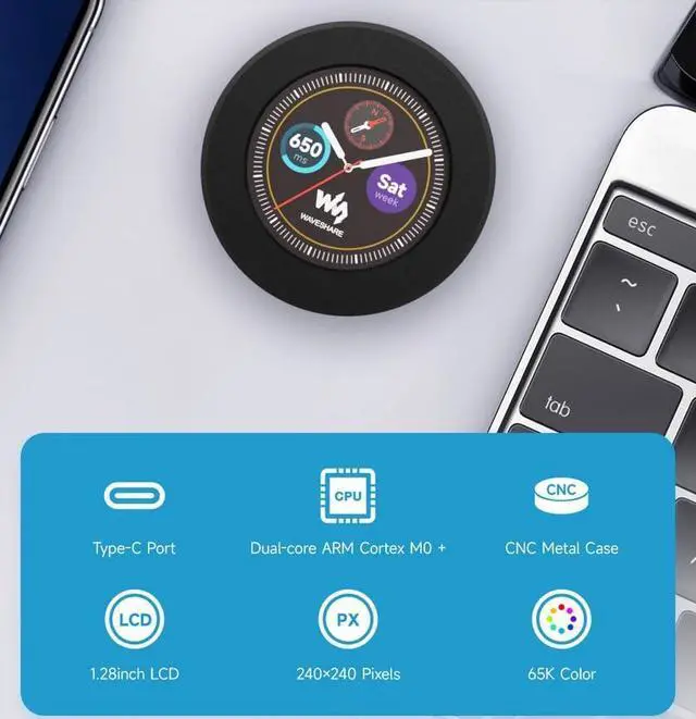 Alt view image 2 of 7 - RP2040 MCU Microcontroller Development Board with 1.28inch Round LCD 240×240 Pixels IPS LCD Display , Accelerometer and Gyroscope Sensor, Adapting All GPIO and Debug Pins, Adopts CNC Metal Case