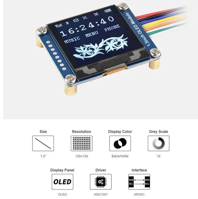 Alt view image 2 of 7 - 1.5inch OLED Display Module 128x128 Pixels, SPI/I2C Interface 16 Gray Scale 3.3V / 5V Operating Voltage, Compatible with Arduin/Raspberry Pi/STM32, etc
