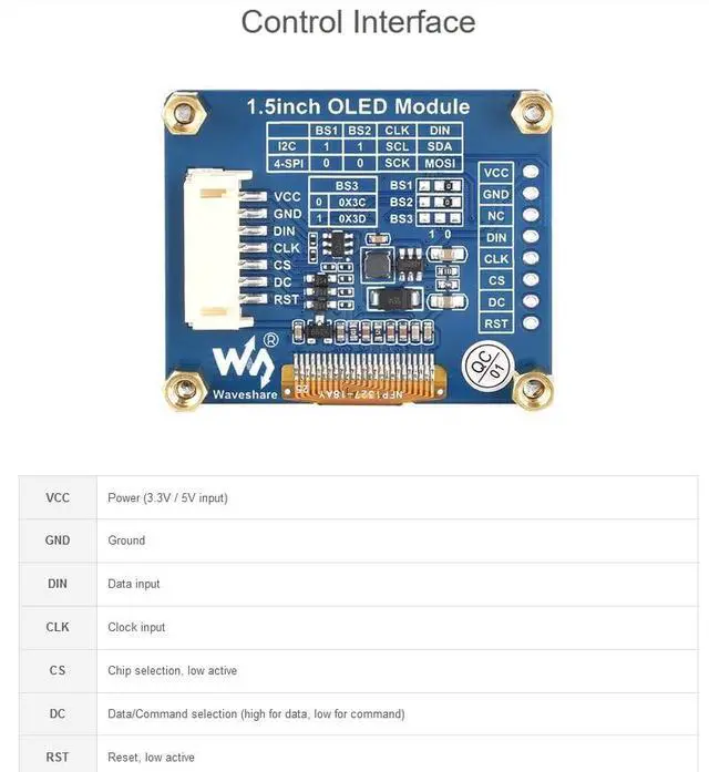 Alt view image 3 of 7 - 1.5inch OLED Display Module 128x128 Pixels, SPI/I2C Interface 16 Gray Scale 3.3V / 5V Operating Voltage, Compatible with Arduin/Raspberry Pi/STM32, etc