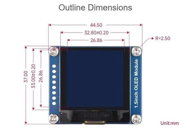 Alt view image 7 of 7 - 1.5inch OLED Display Module 128x128 Pixels, SPI/I2C Interface 16 Gray Scale 3.3V / 5V Operating Voltage, Compatible with Arduin/Raspberry Pi/STM32, etc