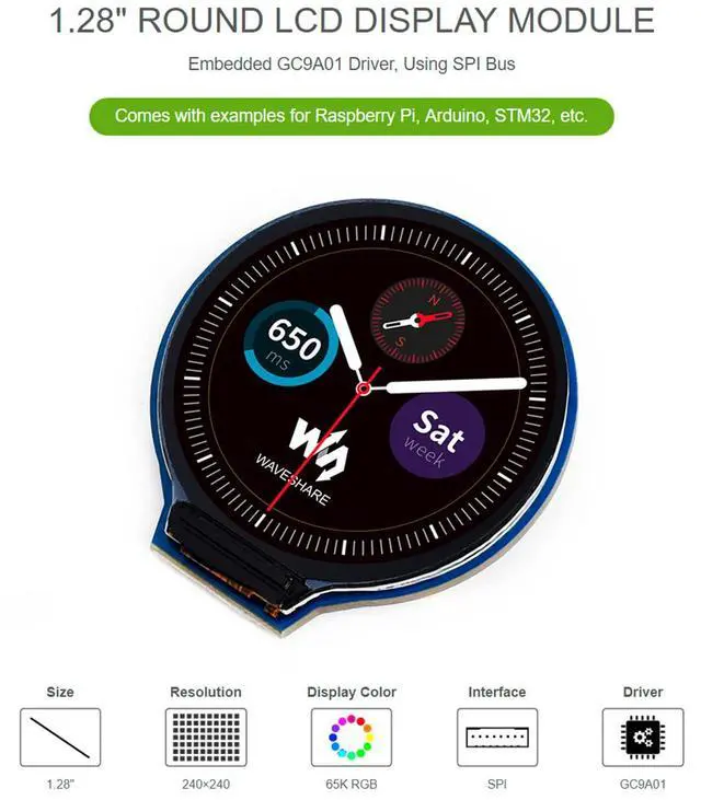 Alt view image 2 of 7 - waveshare 1.28inch Round LCD IPS Display Module for Raspberry Pi 4B/3B+/3B/2B/Zero/Zero W/WH/Zero 2W/2WH, Jetson Nano, STM32, 240×240 Resolution 65K RGB Colors GC9A01 Driver SPI Interface