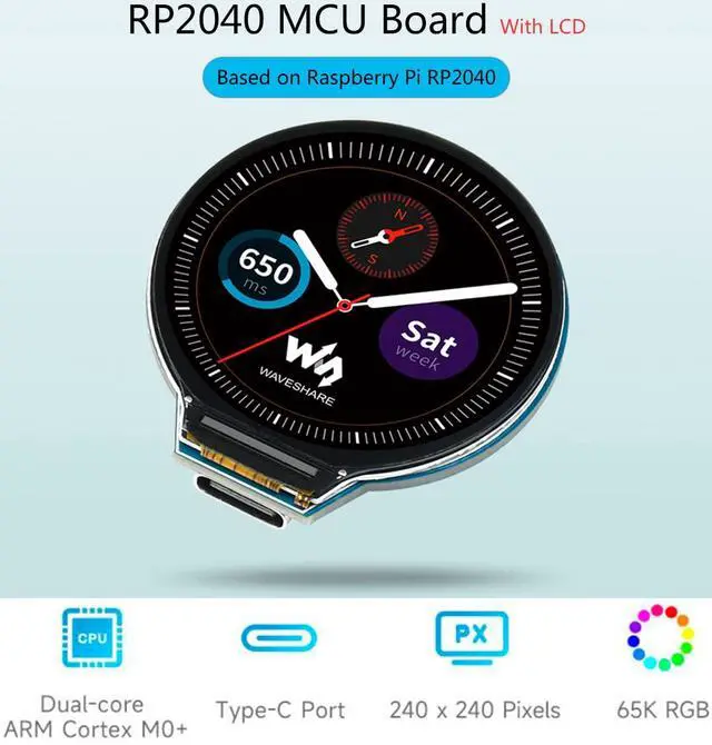 Alt view image 2 of 7 - waveshare RP2040 MCU Board Based on Raspberry Pi RP2040 Onboard 1.28inch Round LCD 240x240 Pixels 65K RGB Colors IPS LCD Display,Accelerometer and Gyroscope Sensor Dual-Core Arm Cortex M0+ Processor