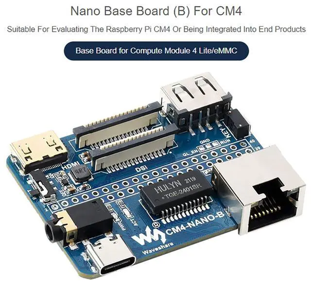 Alt view image 2 of 7 - Nano Base Board (B) for Raspberry Pi Compute Module 4 Lite/eMMC, with Standard CM4 Socket, with Raspberry Pi 40PIN GPIO Interface, Gigabit Ethernet, USB2.0, DSI, CSI, 3.5mm Audio Jack