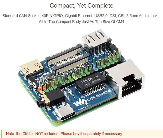 Alt view image 3 of 7 - Nano Base Board (B) for Raspberry Pi Compute Module 4 Lite/eMMC, with Standard CM4 Socket, with Raspberry Pi 40PIN GPIO Interface, Gigabit Ethernet, USB2.0, DSI, CSI, 3.5mm Audio Jack