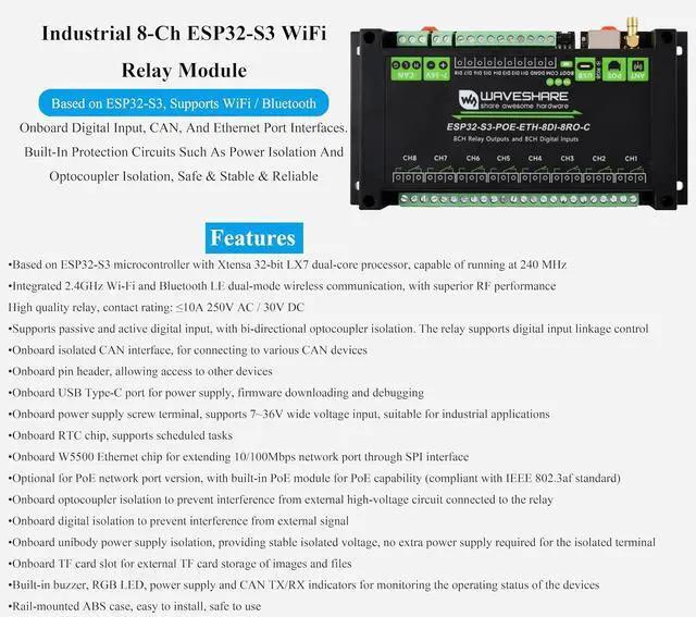 Alt view image 2 of 7 - Industrial 8-Channel ESP32-S3 WiFi Relay Module, Built-in Xtensa 32-bit LX7 Dual-Core Processor, Onboard Isolated CAN+ 8-CH Digital Inputs + 8-CH Relays+ PoE Network Port, Supports WiFi/BT