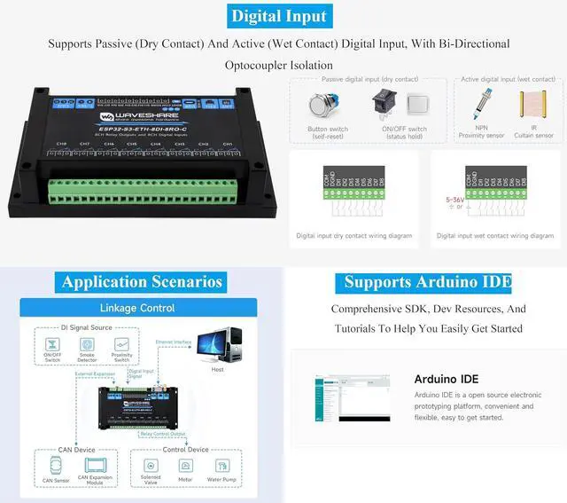 Alt view image 5 of 7 - Industrial 8-Channel ESP32-S3 WiFi Relay Module, Built-in Xtensa 32-bit LX7 Dual-Core Processor, Onboard Isolated CAN+ 8-CH Digital Inputs + 8-CH Relays+ PoE Network Port, Supports WiFi/BT