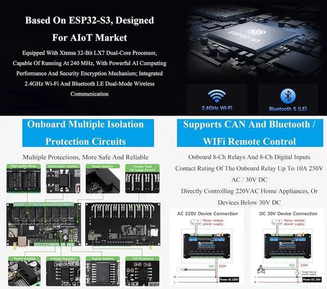 Alt view image 4 of 7 - Industrial 8-Channel ESP32-S3 WiFi Relay Module, Built-in Xtensa 32-bit LX7 Dual-Core Processor, Onboard Isolated CAN+ 8-CH Digital Inputs + 8-CH Relays+ PoE Network Port, Supports WiFi/BT