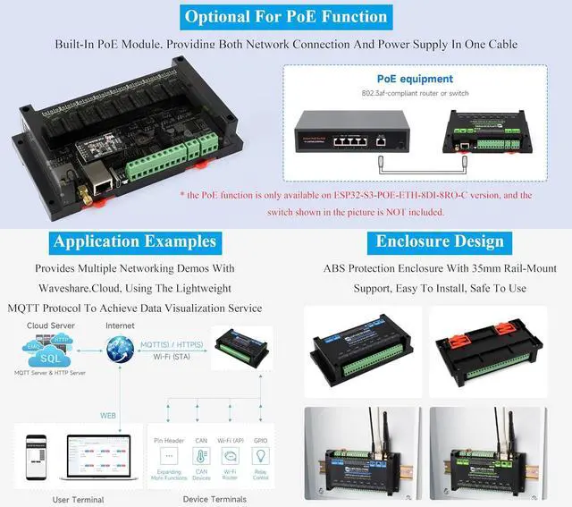 Alt view image 6 of 7 - Industrial 8-Channel ESP32-S3 WiFi Relay Module, Built-in Xtensa 32-bit LX7 Dual-Core Processor, Onboard Isolated CAN+ 8-CH Digital Inputs + 8-CH Relays+ PoE Network Port, Supports WiFi/BT
