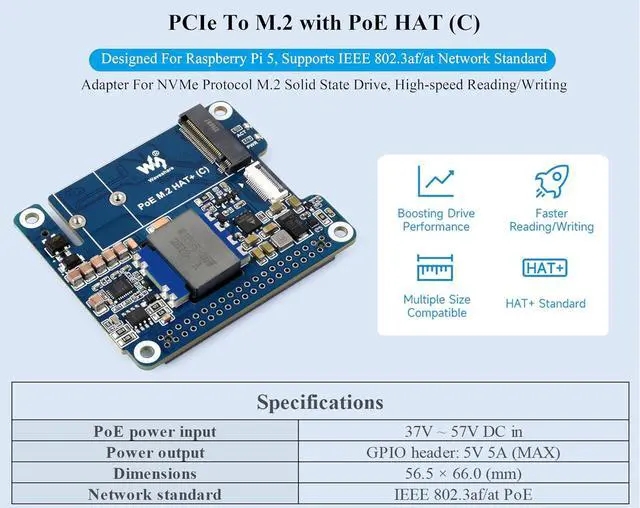 Alt view image 3 of 7 - PCIe to M.2 Adapter with PoE Function (C) Compatible with Raspberry Pi 5, Supports NVMe Protocol 2230/2242 M.2 Solid State Drive, High-Speed Reading/Writing, 5V 5A (MAX) GPIO Header