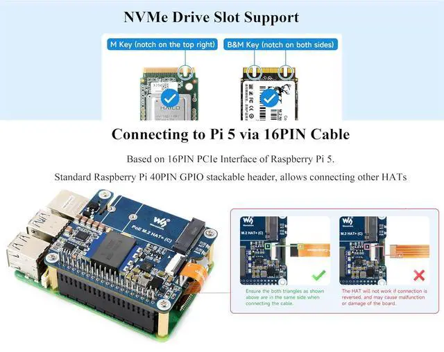 Alt view image 4 of 7 - PCIe to M.2 Adapter with PoE Function (C) Compatible with Raspberry Pi 5, Supports NVMe Protocol 2230/2242 M.2 Solid State Drive, High-Speed Reading/Writing, 5V 5A (MAX) GPIO Header