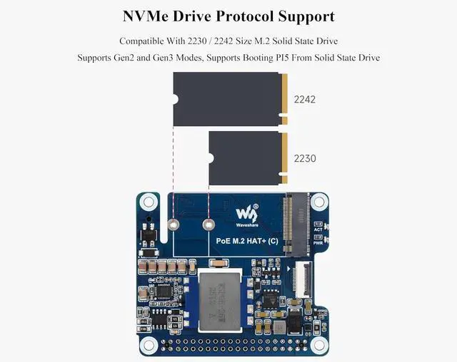 Alt view image 5 of 7 - PCIe to M.2 Adapter with PoE Function (C) Compatible with Raspberry Pi 5, Supports NVMe Protocol 2230/2242 M.2 Solid State Drive, High-Speed Reading/Writing, 5V 5A (MAX) GPIO Header