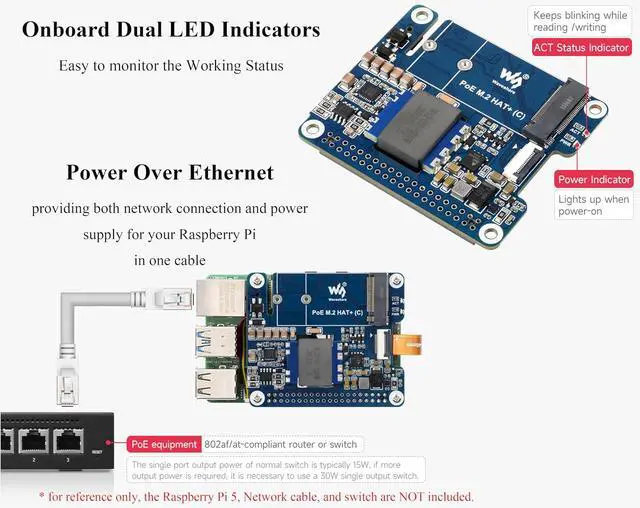 Alt view image 6 of 7 - PCIe to M.2 Adapter with PoE Function (C) Compatible with Raspberry Pi 5, Supports NVMe Protocol 2230/2242 M.2 Solid State Drive, High-Speed Reading/Writing, 5V 5A (MAX) GPIO Header