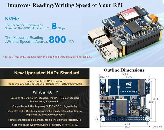 Alt view image 7 of 7 - PCIe to M.2 Adapter with PoE Function (C) Compatible with Raspberry Pi 5, Supports NVMe Protocol 2230/2242 M.2 Solid State Drive, High-Speed Reading/Writing, 5V 5A (MAX) GPIO Header