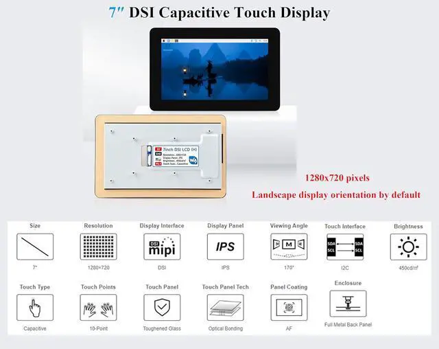 Alt view image 3 of 7 - 7inch DSI LCD Capacitive Touch Screen Compatible with Raspberry Pi 5/4B/3B+/3B/3A+/CM5/CM4/CM3+/CM3,ESP32-P4, RK3576, RK3506, 1280x720 Pixels, 10-Point Touch IPS Display, Anti-Fingerprint Process
