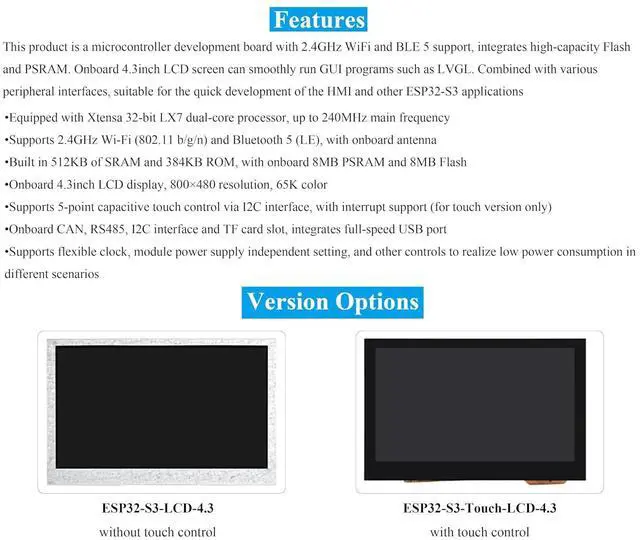 Alt view image 4 of 7 - ESP32-S3 4.3inch Display Development Board, 800x480 Pixel IPS LCD Screen, 32-bit LX7 Dual-Core Processor, Up to 240MHz Frequency, Onboard CAN RS485 I2C Interfaces, Support W F& BLE 5 (No Touch)