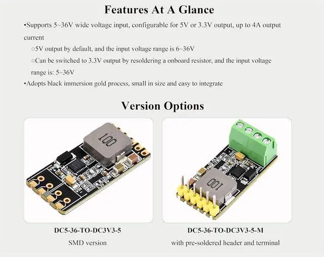 Alt view image 2 of 7 - DC-DC Buck Mini Module 5~36V Input Configurable 5V or 3.3V Output, up to 4A Output, 3.3V or 5V Step-Down Regulated Output, Selectable by Soldering Switching Resistor, with Header and Terminal