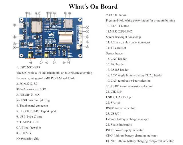 Alt view image 7 of 7 - ESP32-S3 4.3inch Display Development Board, 800x480 Pixel IPS LCD Screen, 32-bit LX7 Dual-Core Processor, Up to 240MHz Frequency, Onboard CAN RS485 I2C Interfaces, Support W F& BLE 5 (No Touch)
